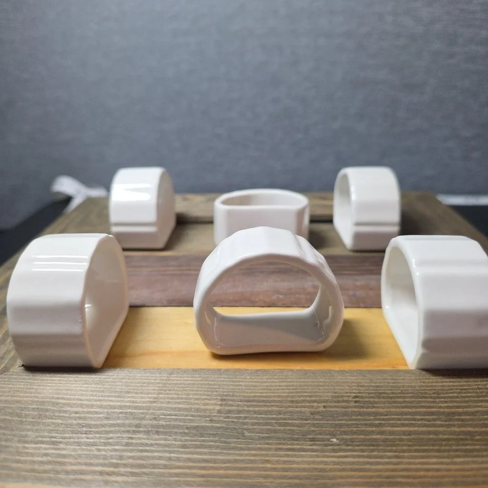 Set Of 6 Glossy White Ribbed D Shaped Ceramic Napkin Holders 2 Sets Available